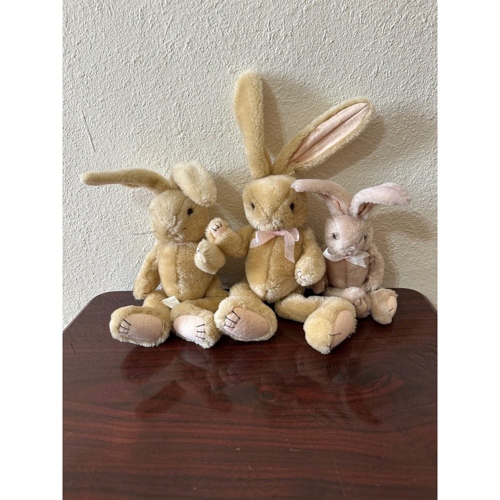 Vintage Plush Bunny Rabbit Trio Tan Pink Long Ears Stuffed Animal Set of 3
